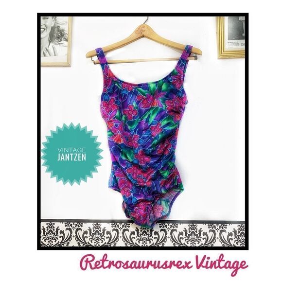 𝅺vintage 80’s Metallic Shimmer Floral One Piece XL - Picture 1 of 7